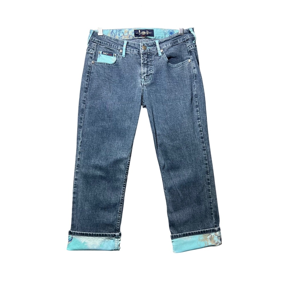L.E.I. Teal Graphic‎ Print Cuffed Denim Capri Jeans Crop Medium Wash Size 7 Y2K